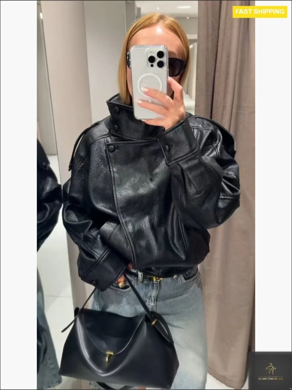 Oversized Faux Leather Jacket Motorcycle Coat Long Sleeve High Collar Zip Up